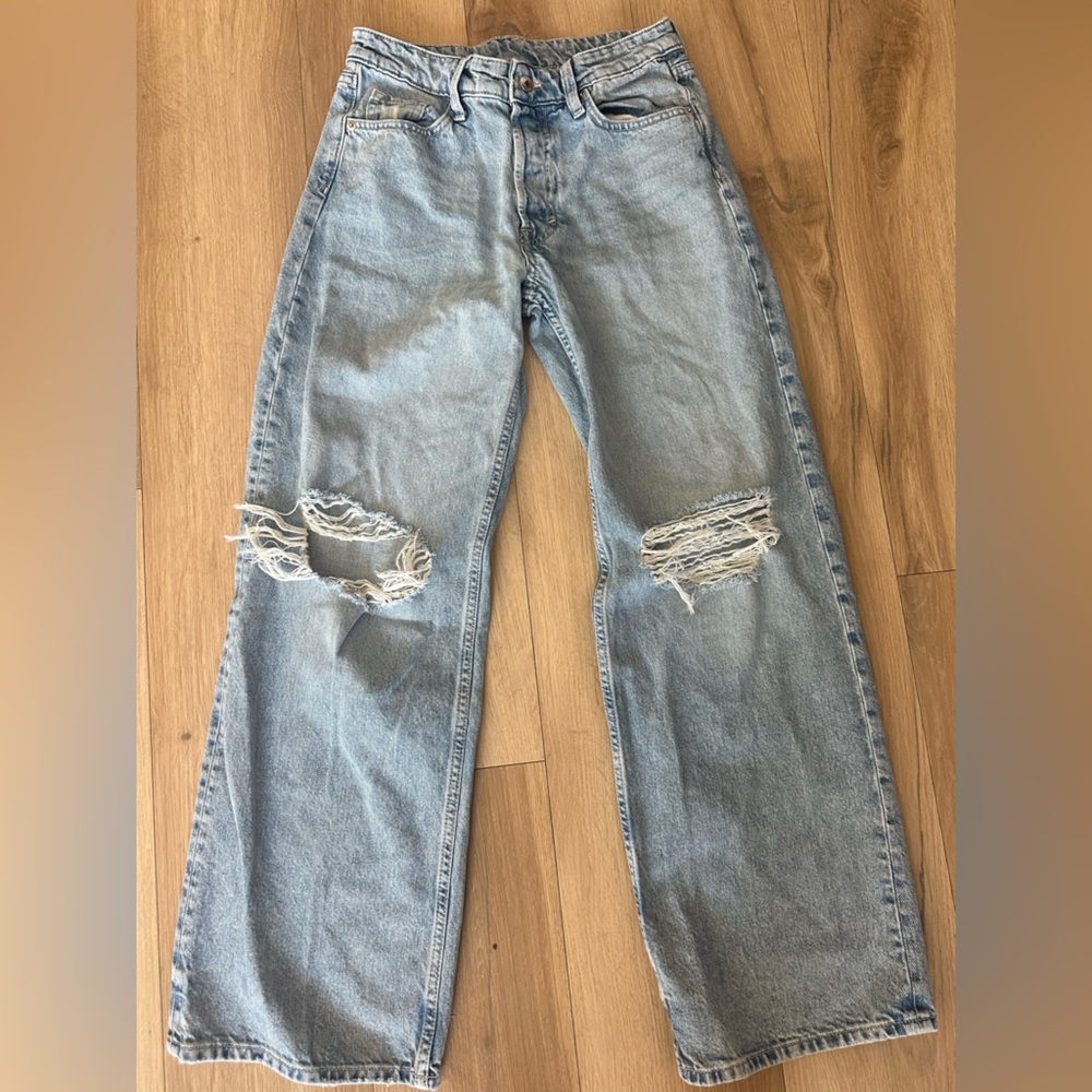 &Denim Baggy Wide Leg Distressed Jeans Light Wash Size 2